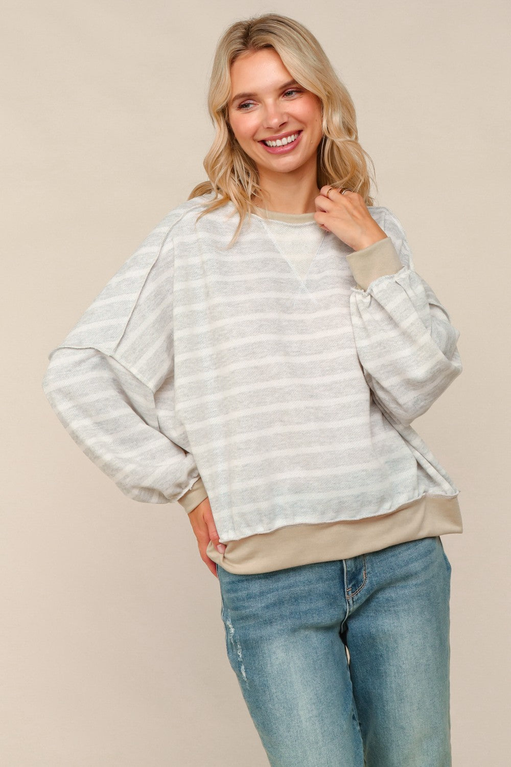 Selena Striped Pullover Knit Top | Grey/Stone