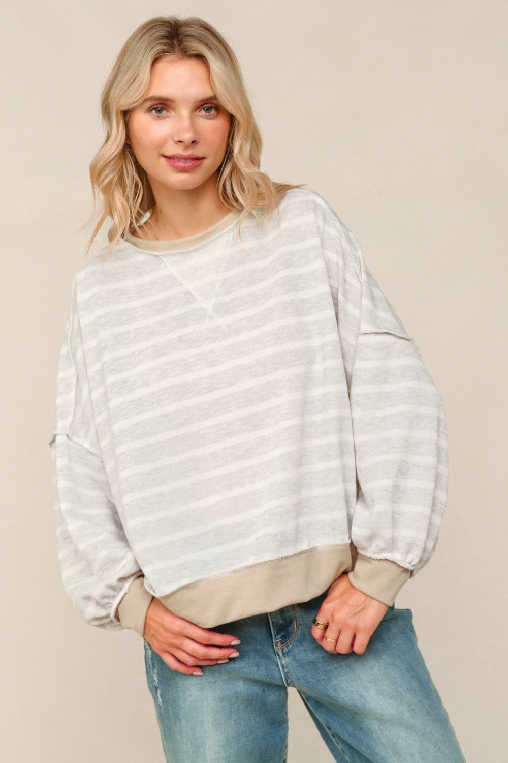 Selena Striped Pullover Knit Top | Grey/Stone