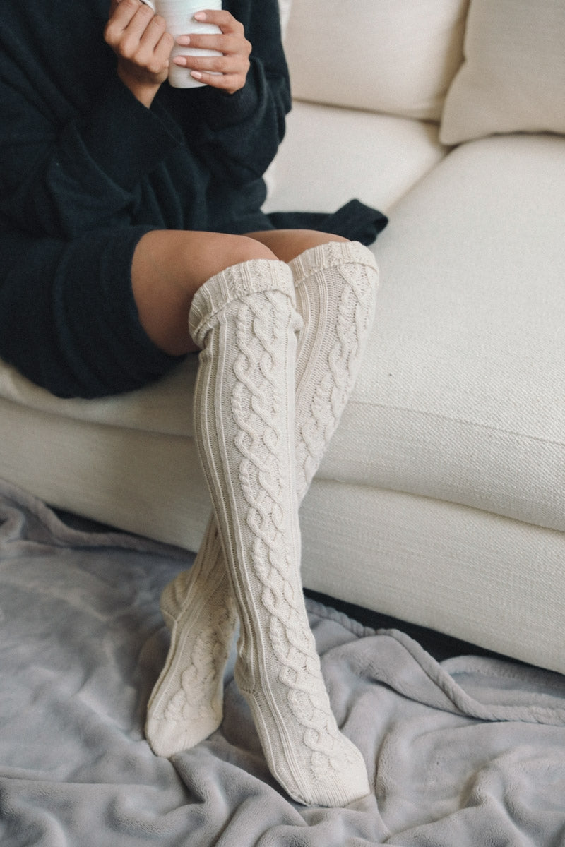 Thigh-High Cable Knit Socks | Ivory