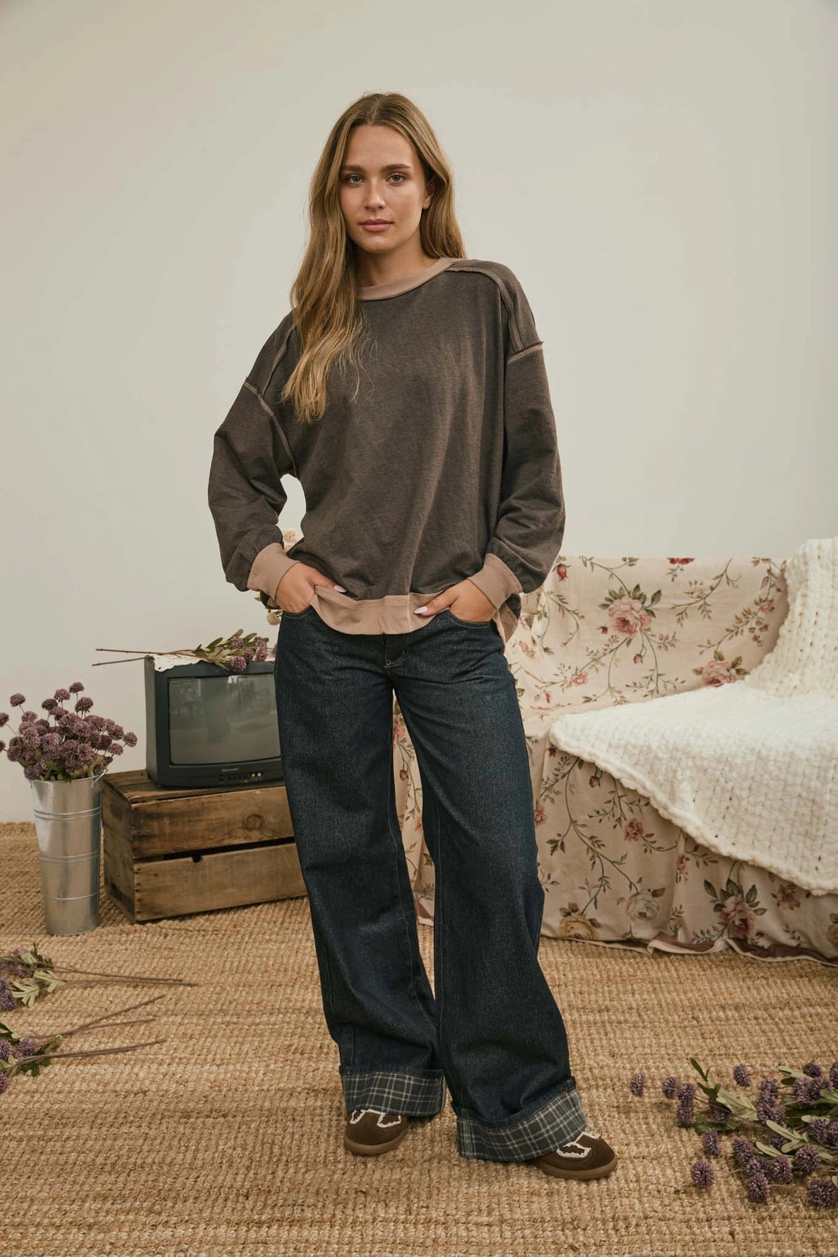 Louisa Exposed Seam Long Sleeve Top | Brown