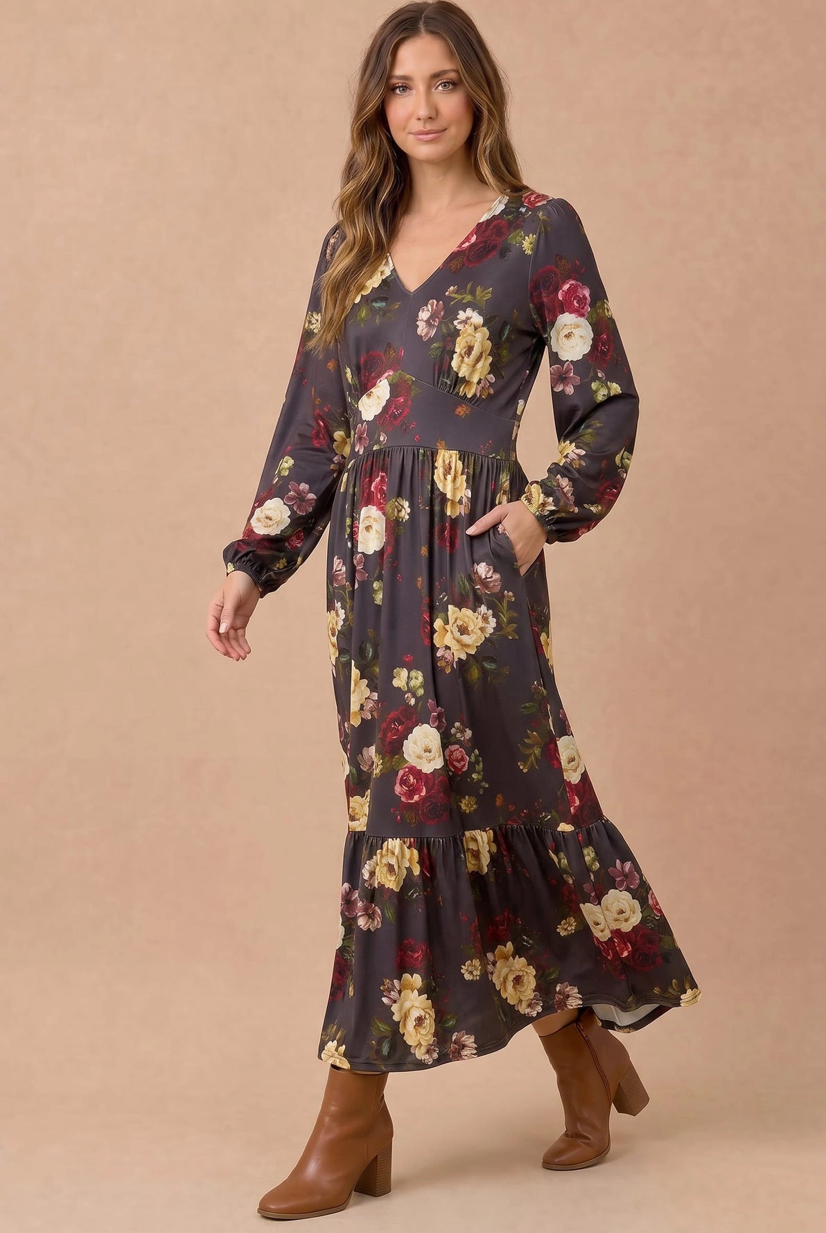 Cecily Long Sleeve Midi Floral Dress | Charcoal