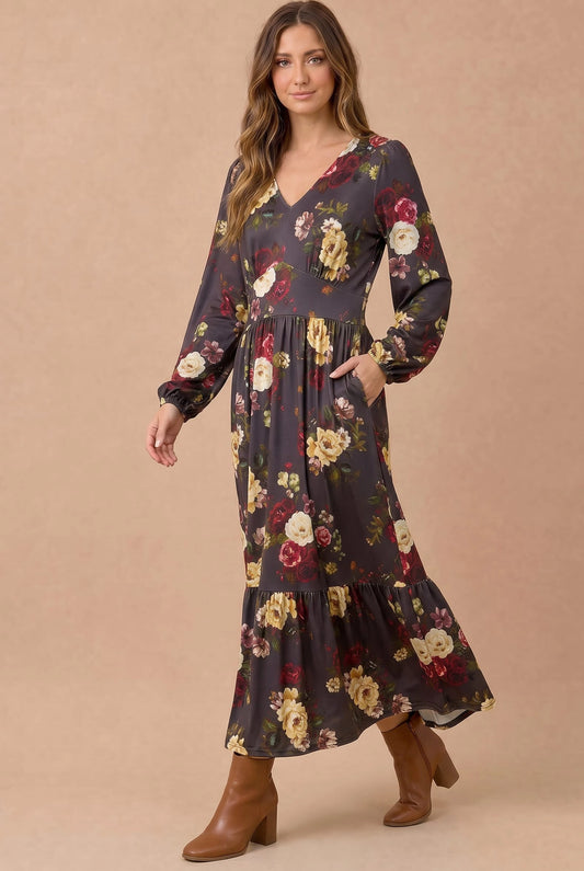 Cecily Long Sleeve Midi Floral Dress | Charcoal