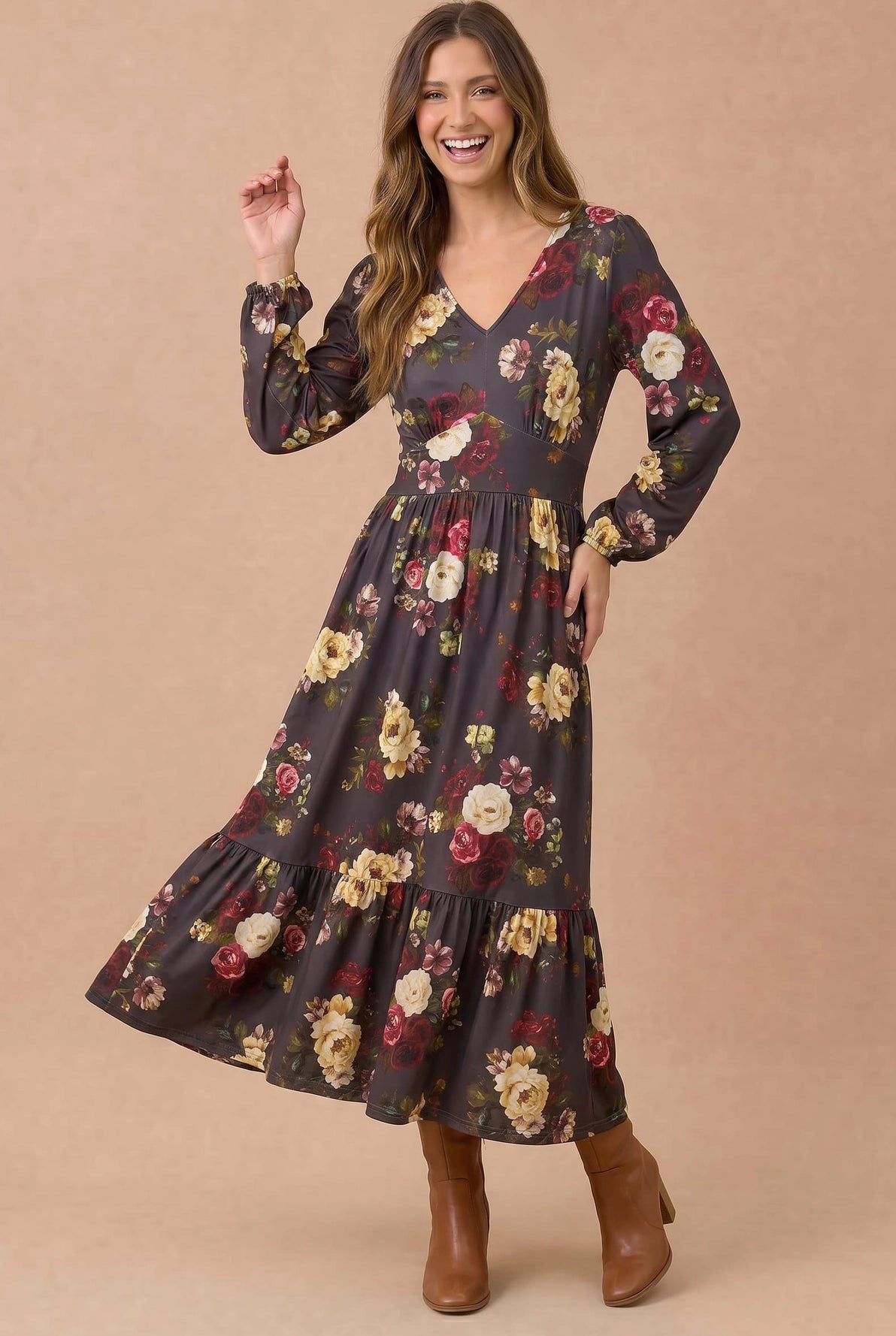 Cecily Long Sleeve Midi Floral Dress | Charcoal