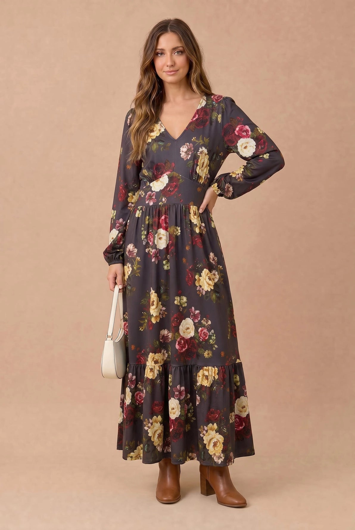 Cecily Long Sleeve Midi Floral Dress | Charcoal