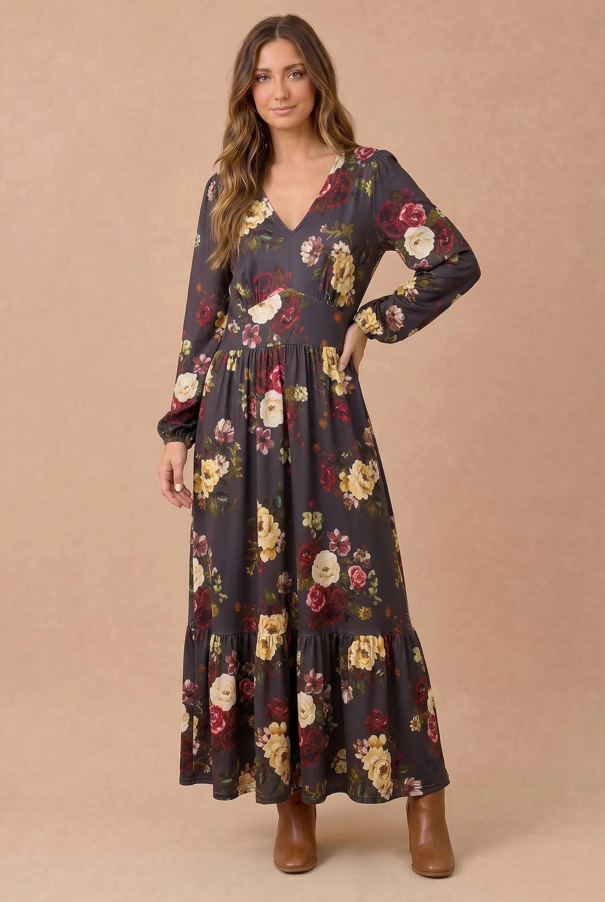 Cecily Long Sleeve Midi Floral Dress | Charcoal