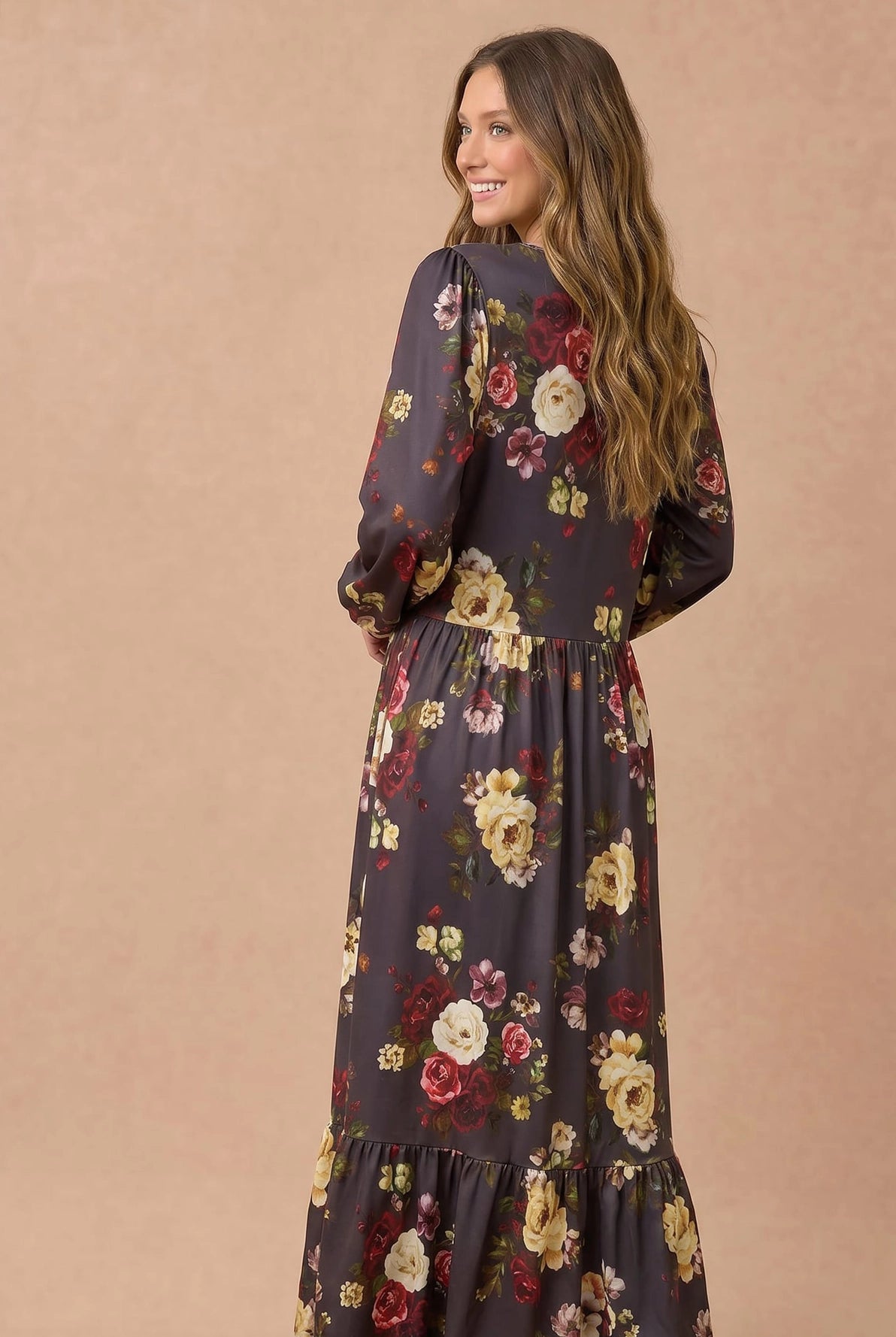 Cecily Long Sleeve Midi Floral Dress | Charcoal