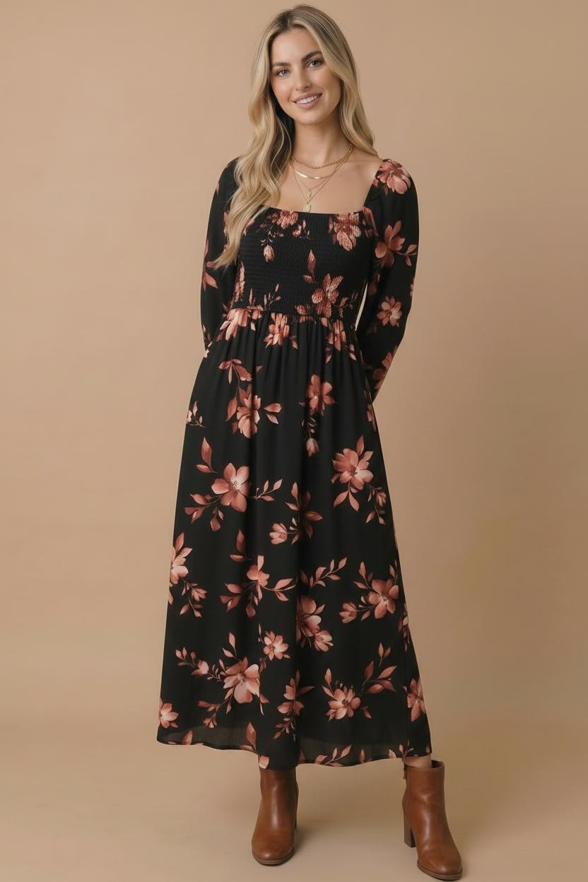 Bonnie Floral Midi Dress | Black
