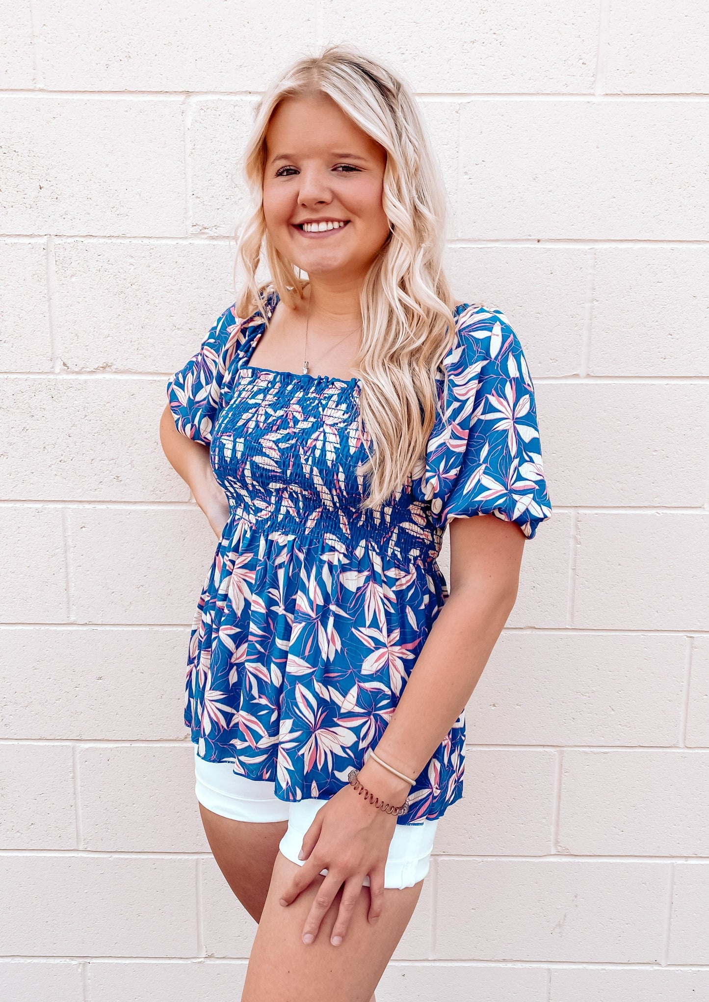 Piper Floral Smocked Babydoll Top | Blue