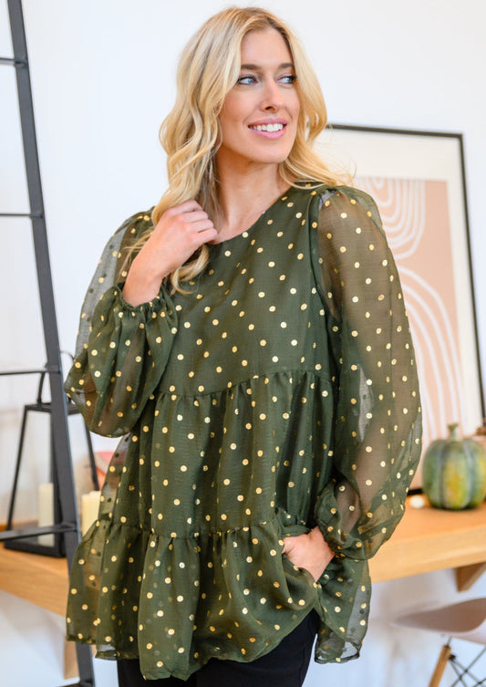 Coya Metallic Dot Tiered Blouse in Olive