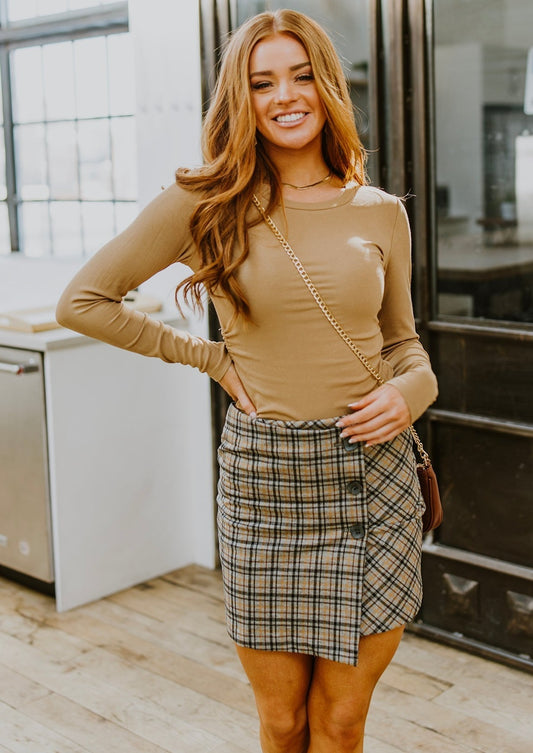 Hold Me Tight Ribbed Long Sleeve Top In Tan