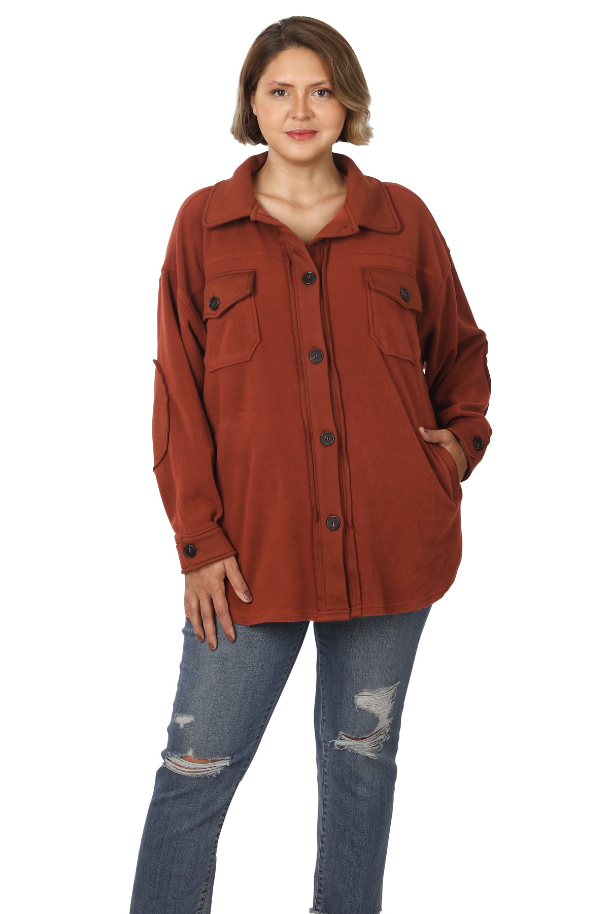 Karli Oversized Fleece Shacket | Dark Rust