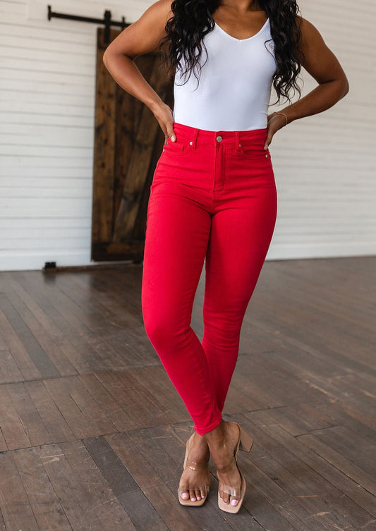 Ruby High Rise Control Top Garment Dyed Skinny Jeans in Red