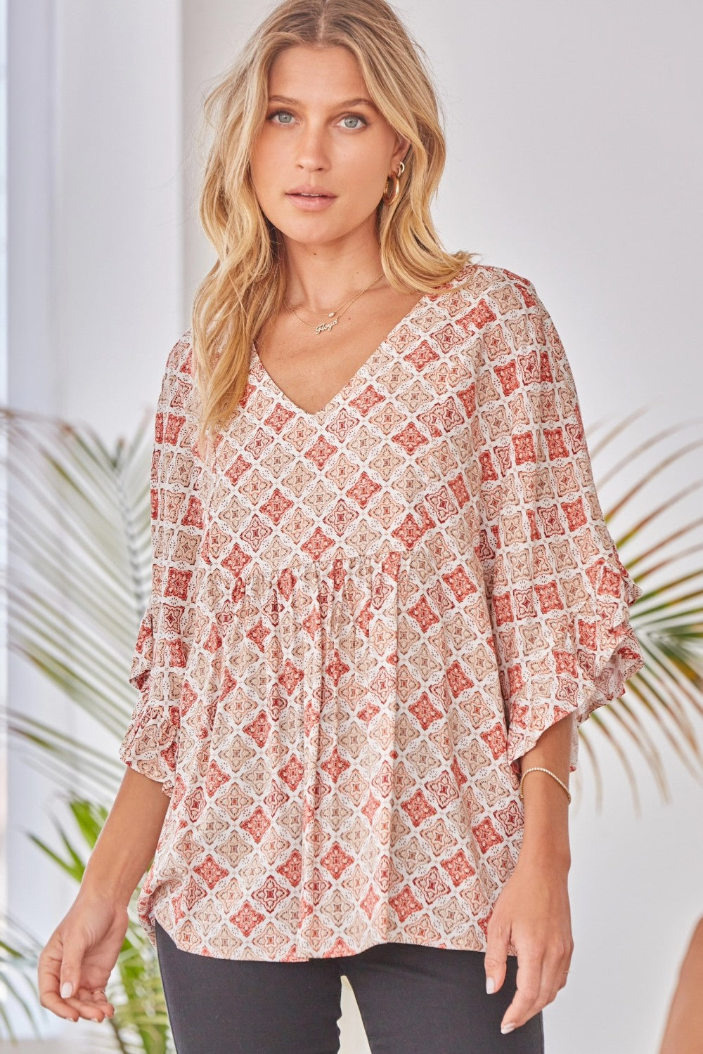 Memphis Flowy Poncho Blouse with Ruffle Sleeves