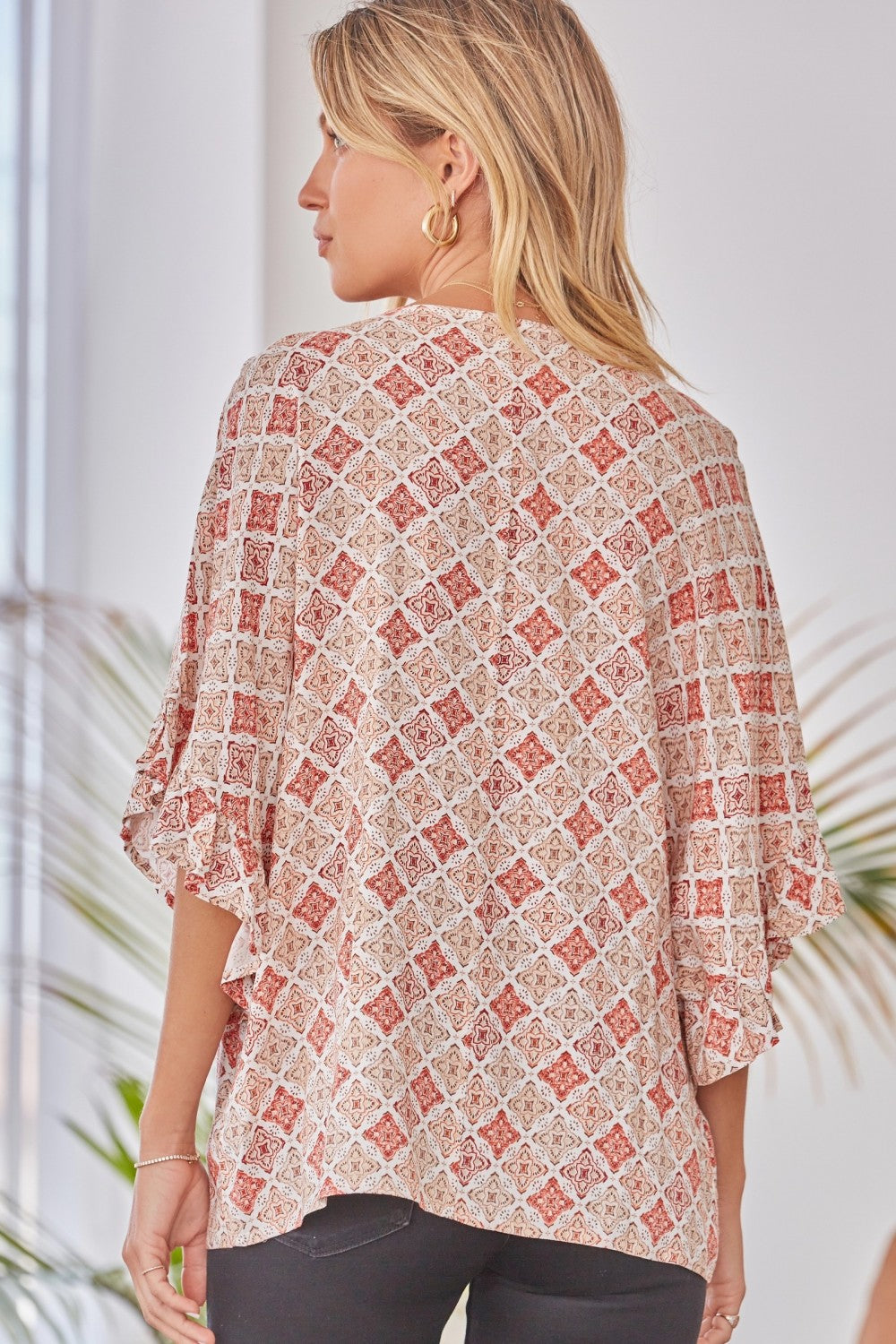 Memphis Flowy Poncho Blouse with Ruffle Sleeves