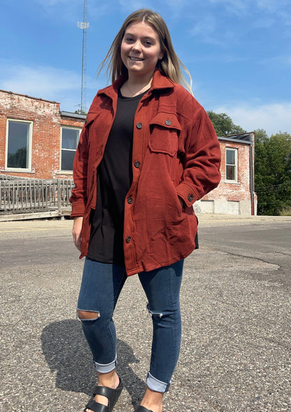Karli Oversized Fleece Shacket | Dark Rust