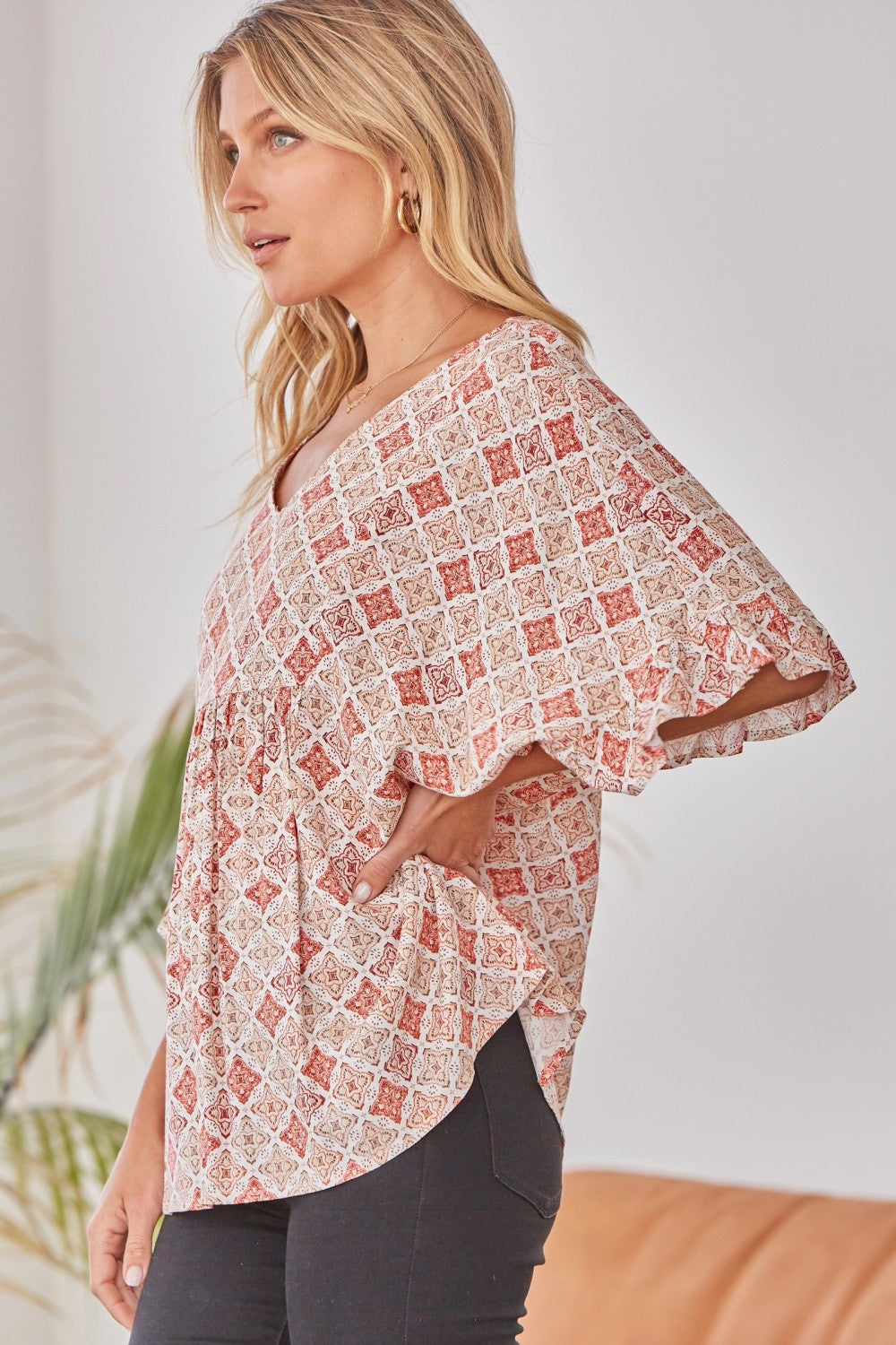 Memphis Flowy Poncho Blouse with Ruffle Sleeves