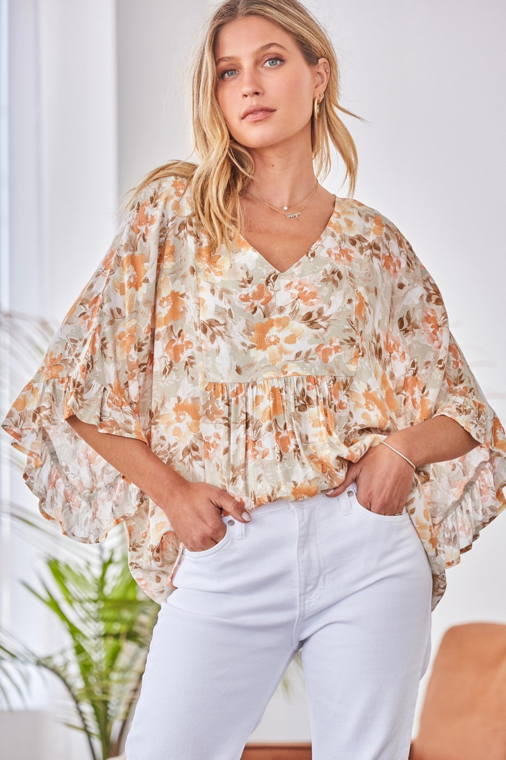Charlotte Flowy Poncho Blouse with Ruffle Sleeves